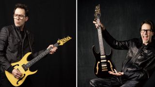 Paul Gilbert holds both of his new Ibanez signature PGM guitars